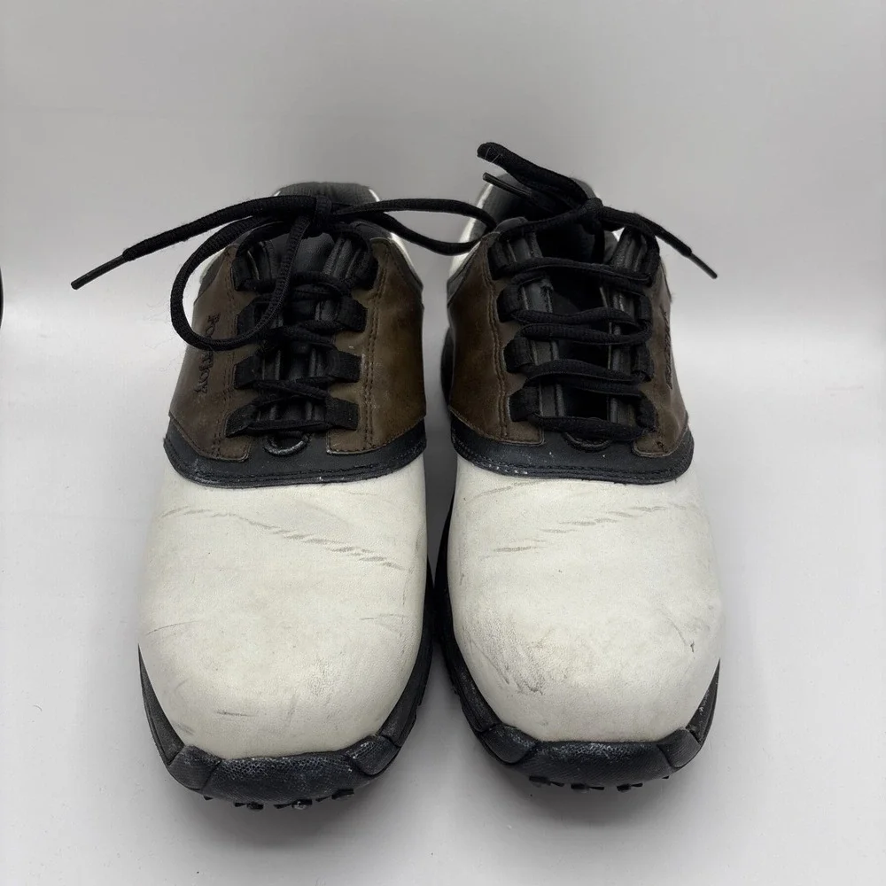 FootJoy GreenJoy 45516 White/Brown Leather Mens Golf Soft Spike Shoes Size 8.5 W